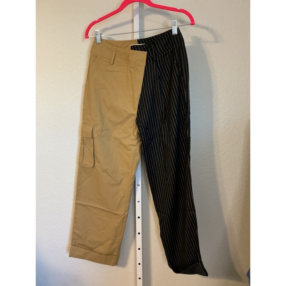 Choosy Two Tone Split Leg Cargo Pinstripe Trousers Tan Black Size 2 Streetwear - Picture 4 of 11